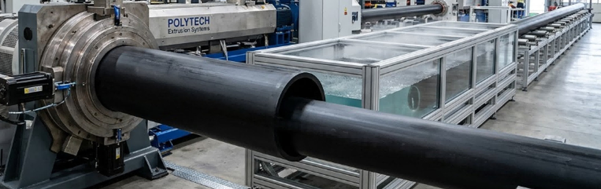 Large-diameter HDPE pipe extrusion process showing precise die offset control and bimodal low-sag PE100 formulations to prevent polymer sag and maintain uniform wall thickness Large-diameter HDPE pipe extrusion process showing precise die offset control and bimodal low-sag PE100 formulations to prevent polymer sag and maintain uniform wall thickness